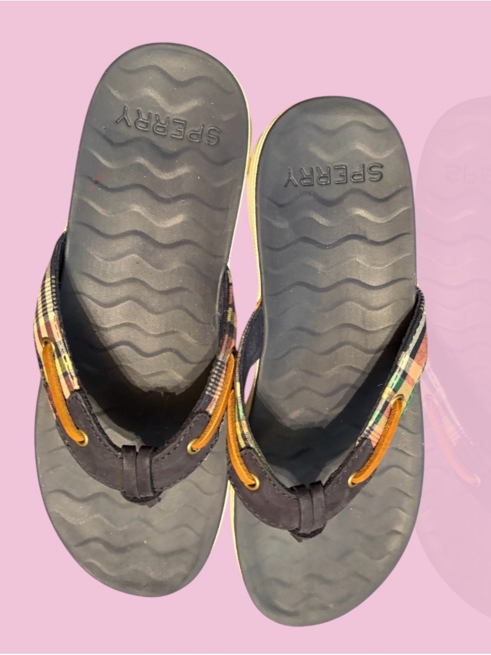 Sperry Black Footbed Flip Flops with Plaid Straps